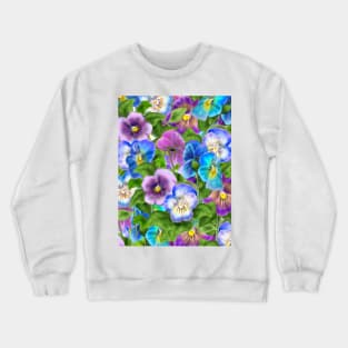 Beautiful Pansy Flowers Violet Viola Tricolor Floral Pattern. Watercolor Hand Drawn Decoration. Spring colorful pansies in bloom garden flowers. Crewneck Sweatshirt